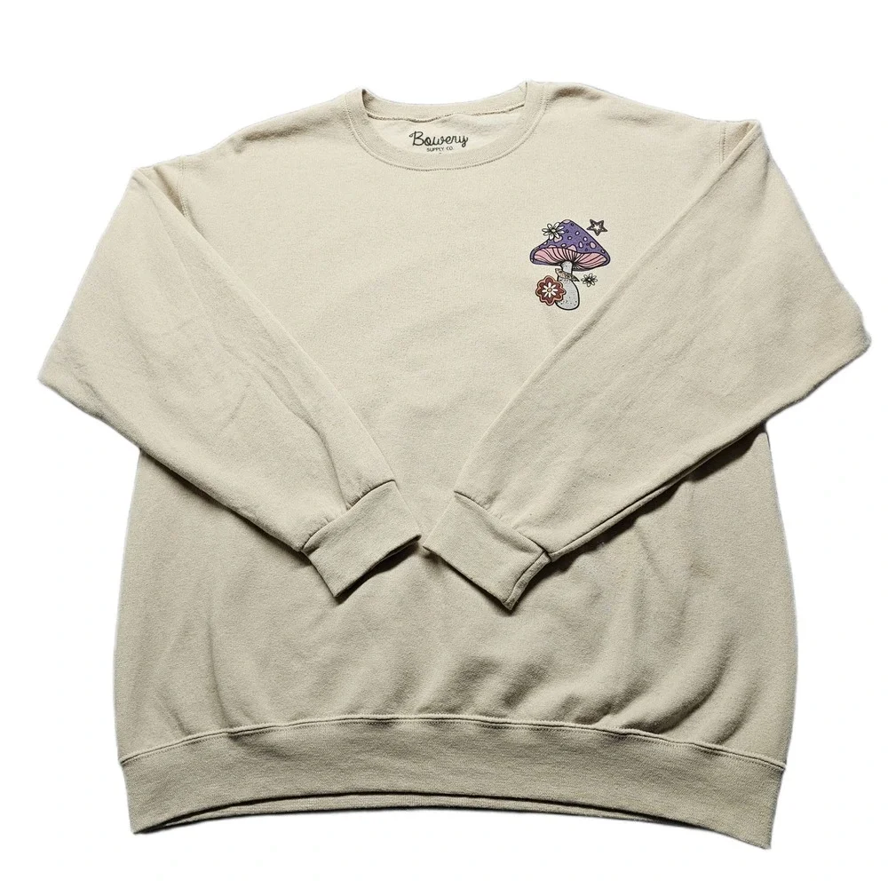 Bowery Supply Co. Sweatshirt Mens Large Tan Mushroom Graphic Crew‎ Neck Pullover